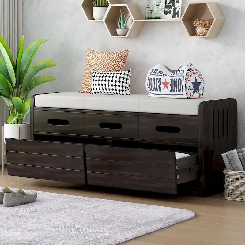 Nestfair Rustic Storage Bench with 2 Drawers, Hidden Storage Space, and 3 False Drawers at the Top