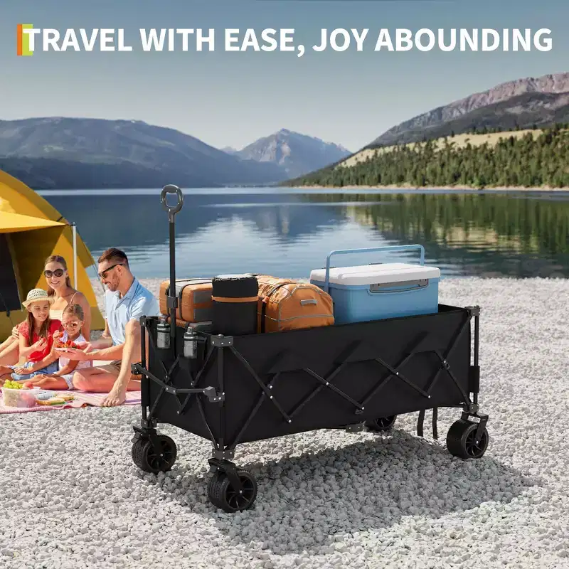 Collapsible Utility Wagon Cart with All Terrain Wheels, Heavy Duty Foldable Beach Wagon, Portable Cart for Groceries Sand Camping, Blue