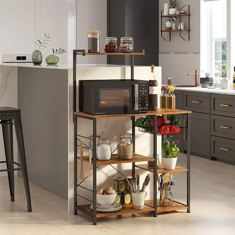 Kitchen Microwave Oven Stand Shelf with Wire Basket and 6 S-Hooks - 35.4L x 15.7W x 52H