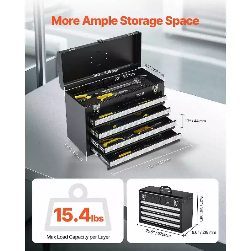 Portable Metal Tool Storage - 4 Drawers, EVA Liners, Ball Bearing Slides, Lockable, Powder Coated