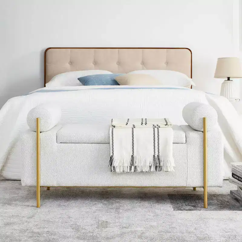 MAYEERTY Elegant Upholstered Line Storage Bench with Cylindrical Arms and Iron Legs for Hallway Living Room Bedroom White