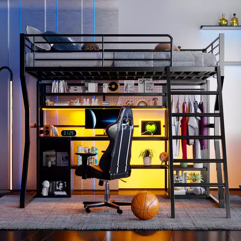 GDFStudio Susan Full Size Metal Loft Bed with Built-in Work Station, Open Wardrobe, LED and Charging Port