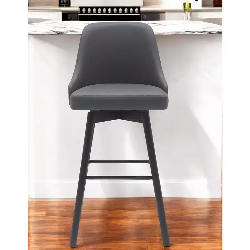HomeRoots 30 Gray and Black Faux Leather with Solid Wood Swivel Bar Height Bar Chair