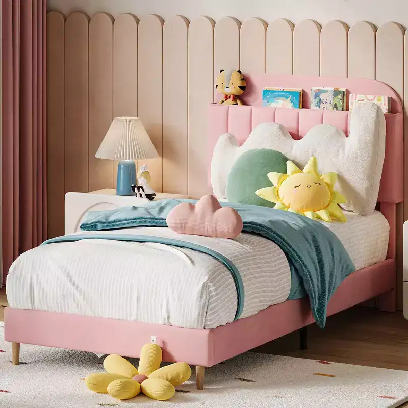 Upholstered Velvet Platform Bed Frame with Bookcase Headboard, Bed with Steel Support Legs, Noise-Free, Easy Assembly, Mattress Foundation