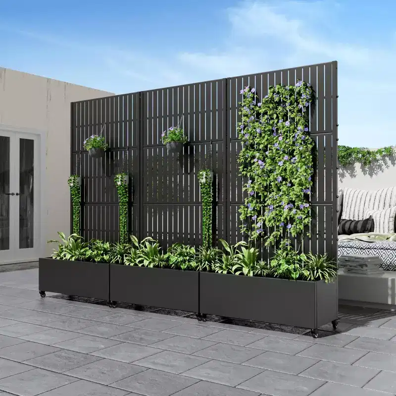 MAYEERTY Planter Box with Trellis Iron Black Vertical Fence Style 72x35x16in 3-Piece Set