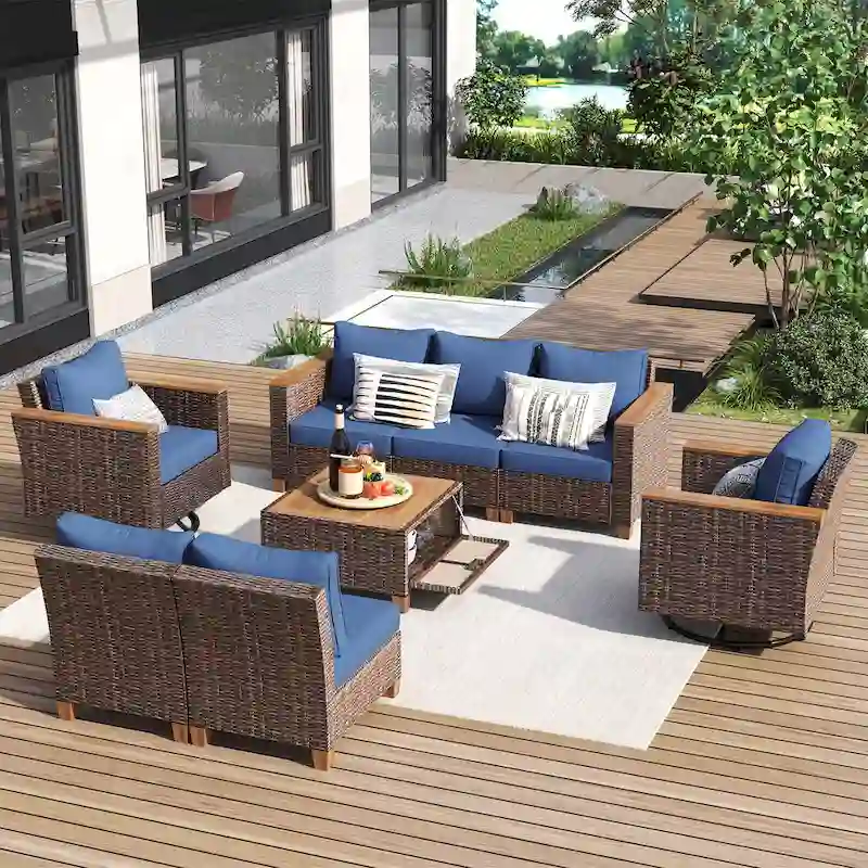 8-Piece Patio Furniture Set with Storage Table and Rattan Swivel Rocking Chairs, Outdoor Wicker Conversation Set for Backyard