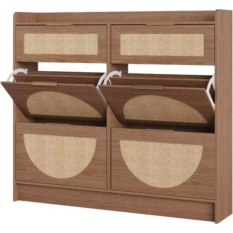 Rattan Shoe Cabinet with 4 Flip Drawers & 2 Small Drawers, Slim Freestanding Storage Rack with Adjustable Shelves and Metal Handles