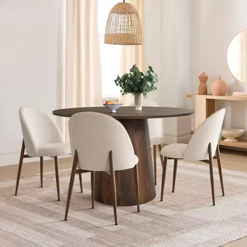 5-Piece Round Dining Set, 46 Walnut-Tone Pedestal Table and Armless Upholstered Chairs, for Breakfast Nooks-Panipeachy