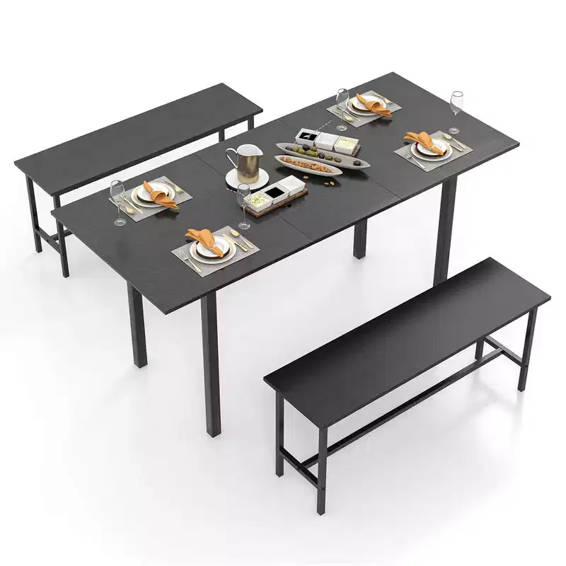 Costway 3 Piece Dining Table Set for 4-6 63Kitchen Table with 2 Benches Metal Frame Black/Walnut