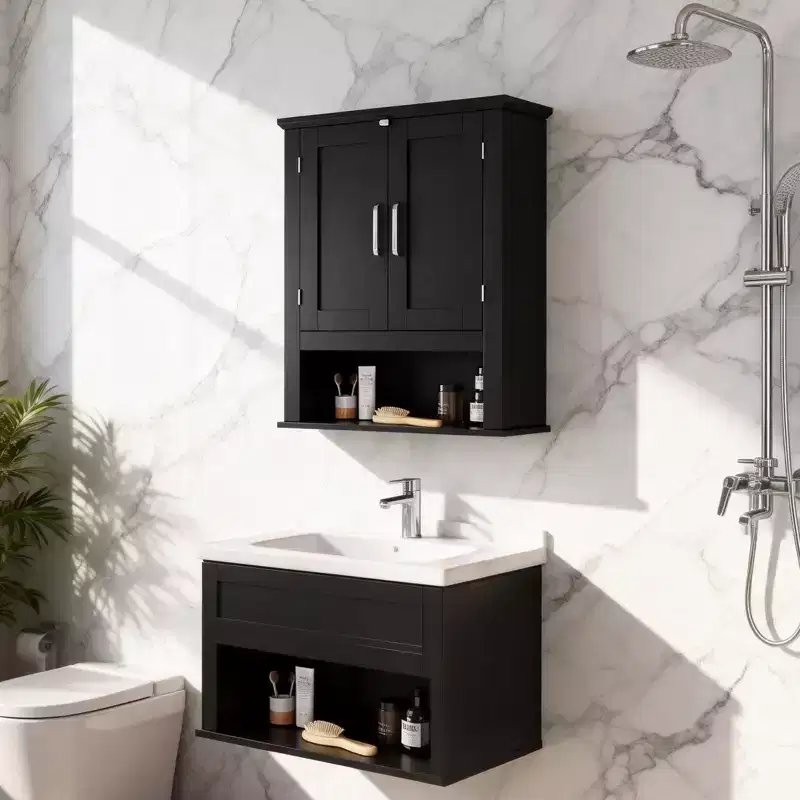 Black Bathroom Wall Cabinet with 2 Doors & 1 Shelf