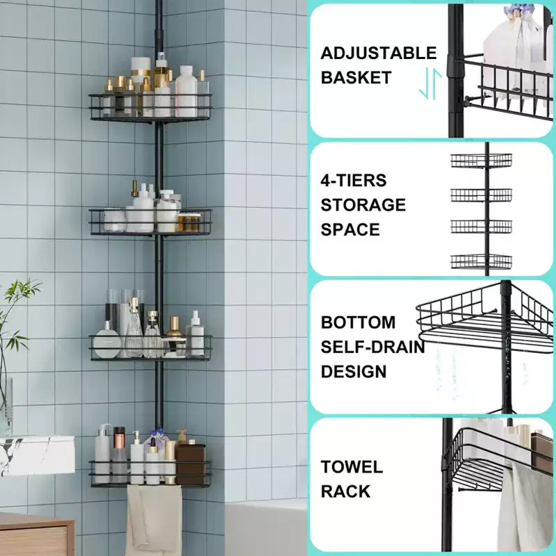 Bathroom Corner Shelf, Four-Tier Adjustable Shelf, Rust-Proof Shower Storage Rack, Floor-Standing Bathtub Support, with Telescopic Rod