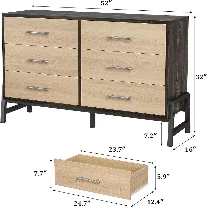 Dresser with 6 Drawers, TV Stand, Freestanding Wide Drawer Wooden Storage Cabinet for Living Room, Bedroom, Entryway