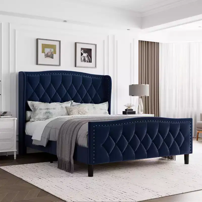 Luxury Upholstered Platform Bed Frame with Adjustable Headboard - Velvet Fabric & Wood Slat Support