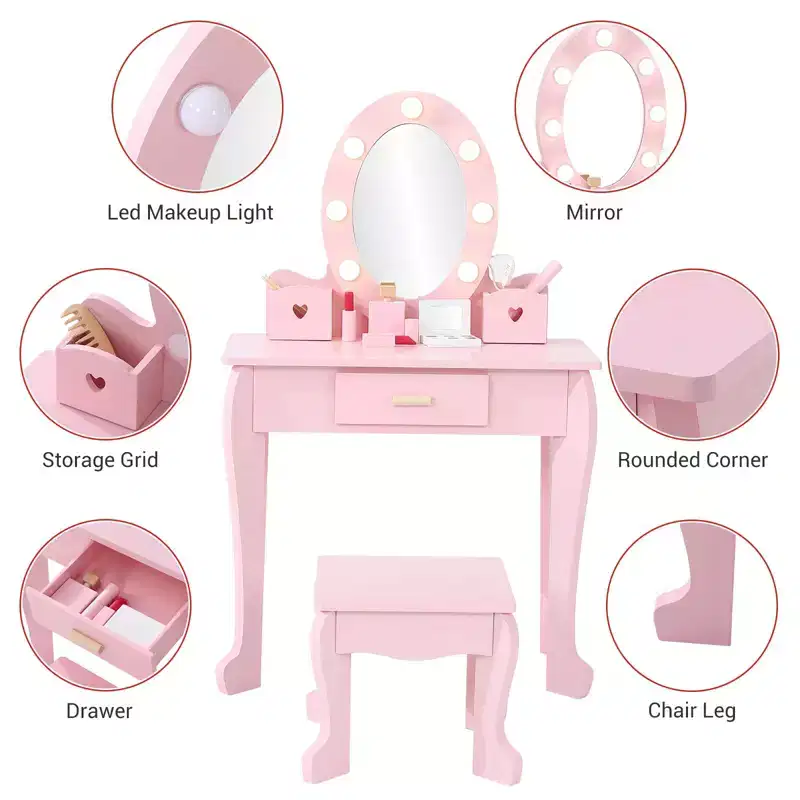 Kids' Vanity Set with Mirror and Light, Makeup Table and Stool for Girls, Vanity Table and Chair Set with Wood Makeup Playset for 4-9 Girls