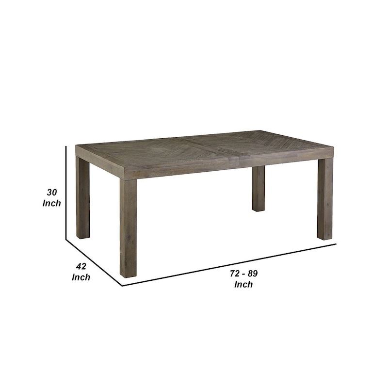 72-89 Inch Extendable Acacia Wood Dining Table, Herringbone Pattern, Gray