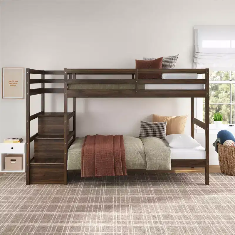 Twin over Twin Wood Bunk Bed with Shelf Stairs