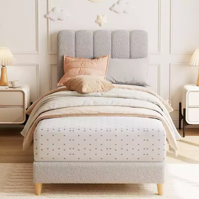 Boucle Upholstered Platform Bed with Wave Headboard for Girls/Boys/Kids, Easy Assembly Wooden Slats Support,