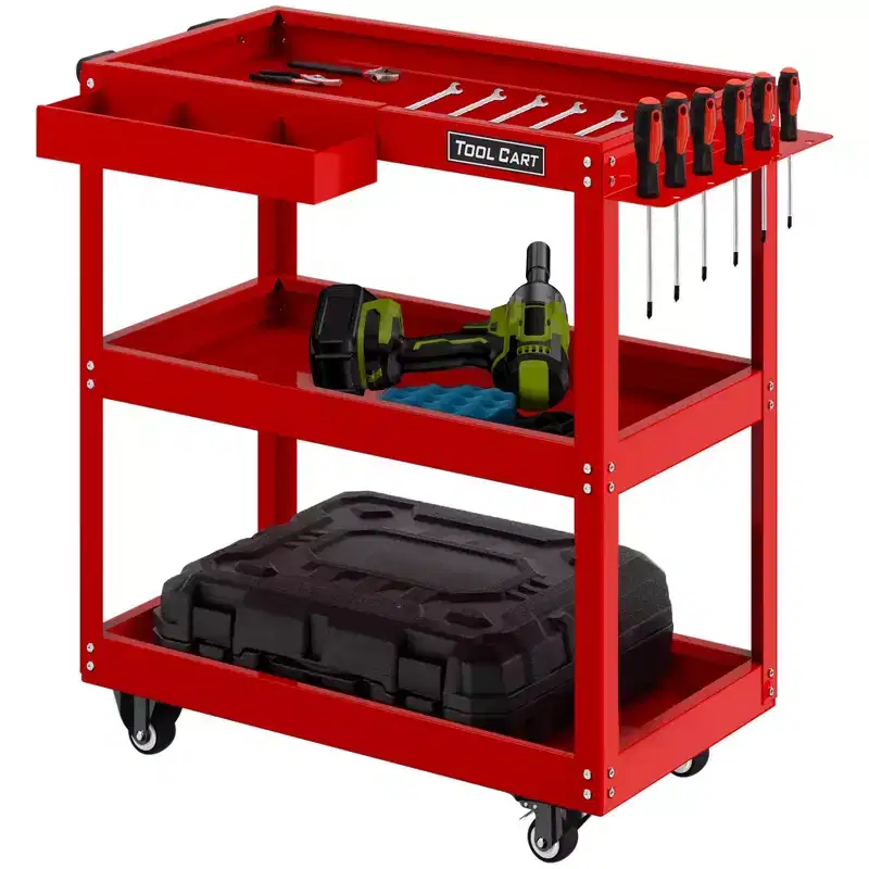 LDHTHOPI 3 Tier Rolling Tool Cart All Metal Industrial Commercial Utility Cart with Drawer Red