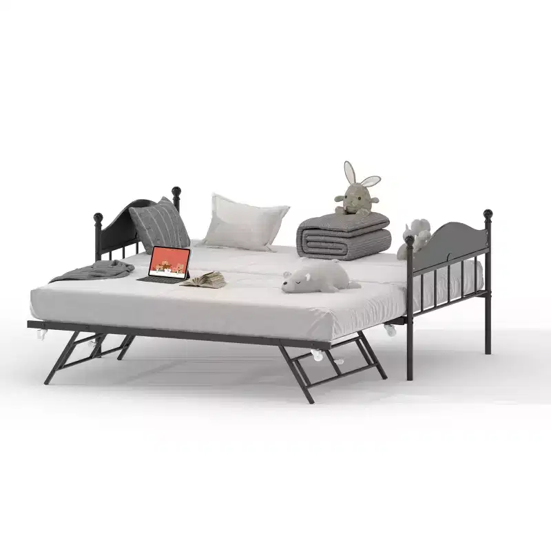 Twin Size Daybed, Heavy Duty Metal Sofa Bed Frame with Headboards, Steel Slats Support
