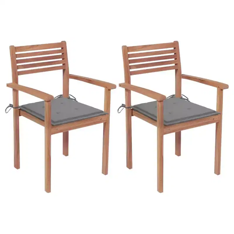 vidaXL Stylish Teak Patio Chairs Set with Gray Cushions, Durable Outdoor Furniture for Homes, Offices, Bars, Cafes, Stackable for Easy Storage