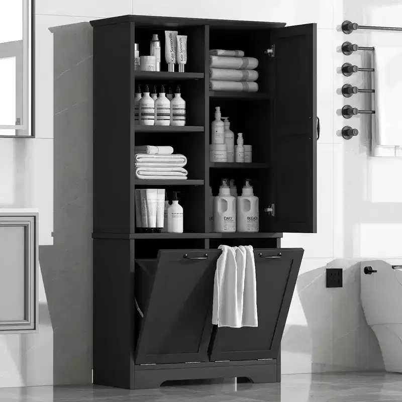 Bathroom Storage Cabinet with Doors and Drawers Tilt-Out Laundry Hamper Multiple Storage Space Freestanding Style