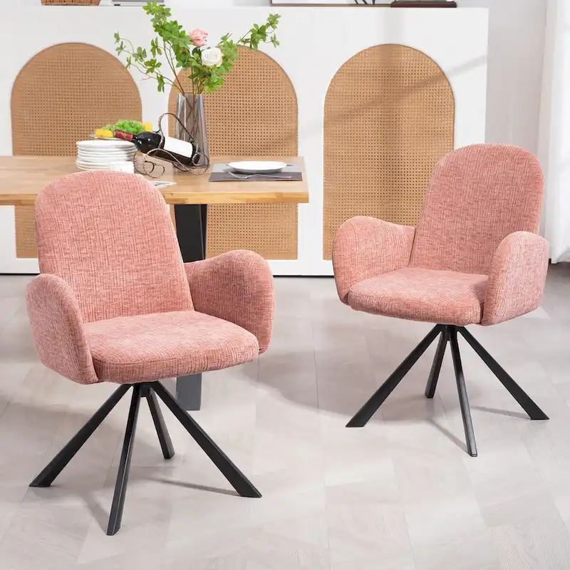 Pink Linen Fabric Swivel Dining Chair with Black Iron Legs