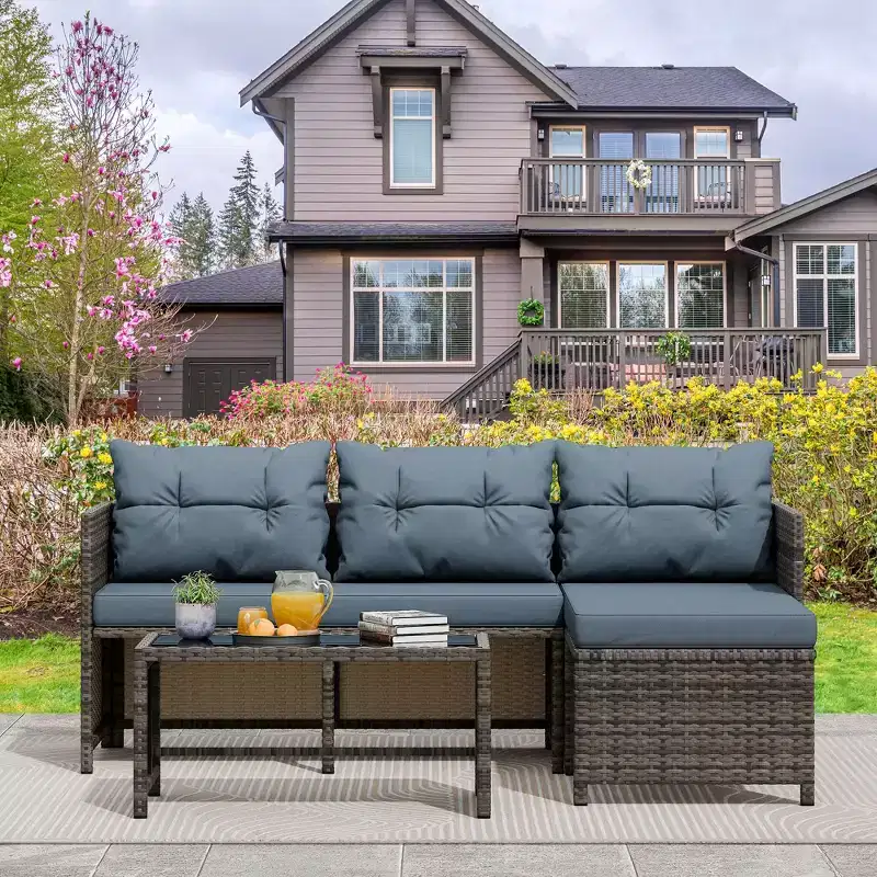 Celebalcony Outdoor Patio Furniture 3-Piece Rattan Outdoor Sectional SofaL Shaped Patio Couch with Cushion Glass Table for Balcony, Garden