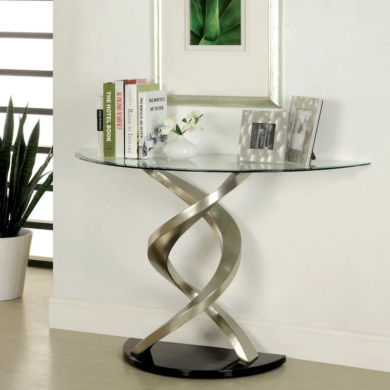 Contemporary Silver Half-Moon Sofa Table | 8mm Tempered Black Glass Top | Double Helix Metal Base | 45