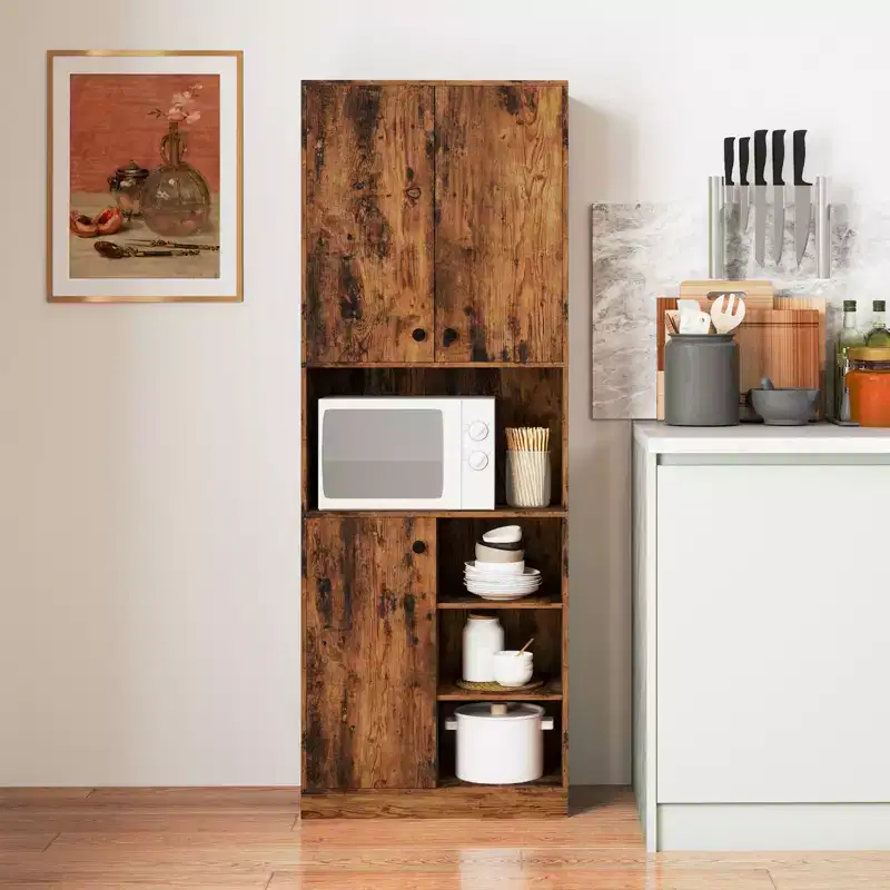 Costway Kitchen Pantry Storage Cabinet 65.5 Tall Modern Hutch Cabinet with Microwave Stand Brown/White