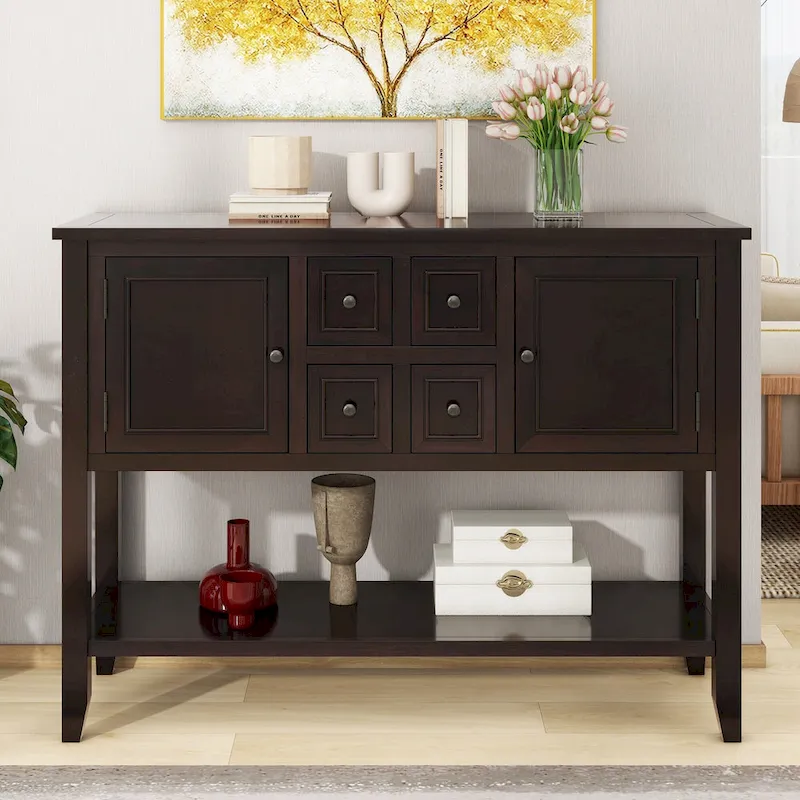 Retro Sideboard Console Table with Drawers and Bottom Shelf