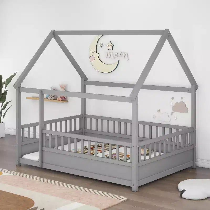 Full Size Toddler Floor Bed with House Roof Frame and Fence, Modern Montessori Bed with Guardrails for Bedroom