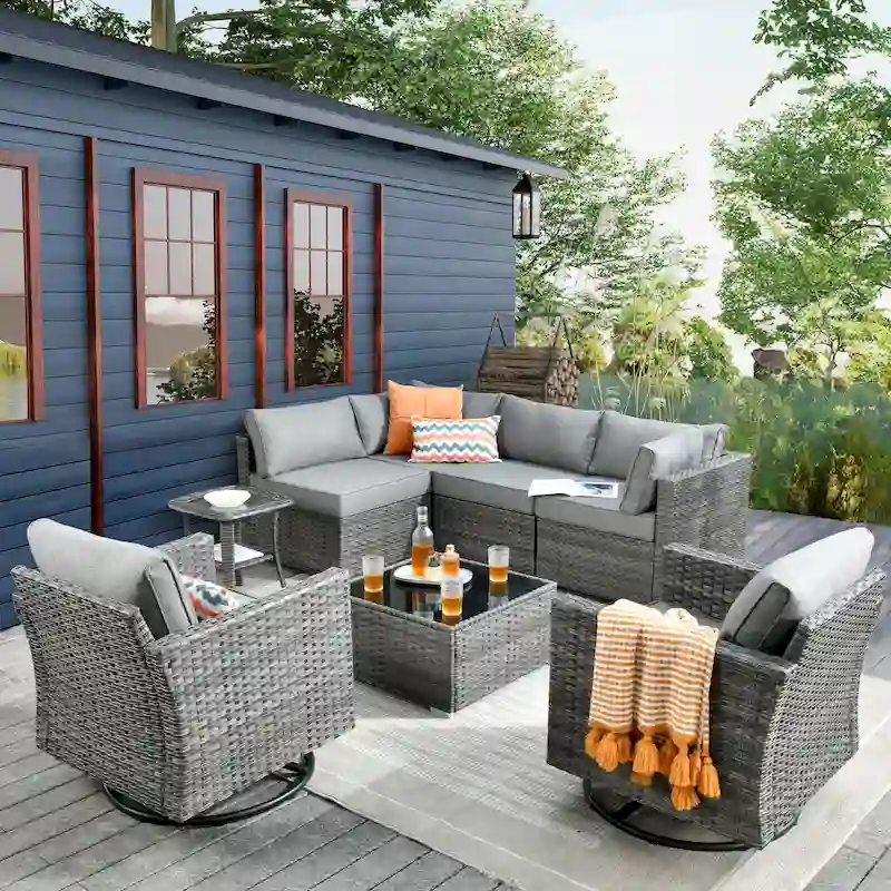 HOOOWOOO 8-piece Outdoor Furniture Swivel Chair Set with Coffee Table