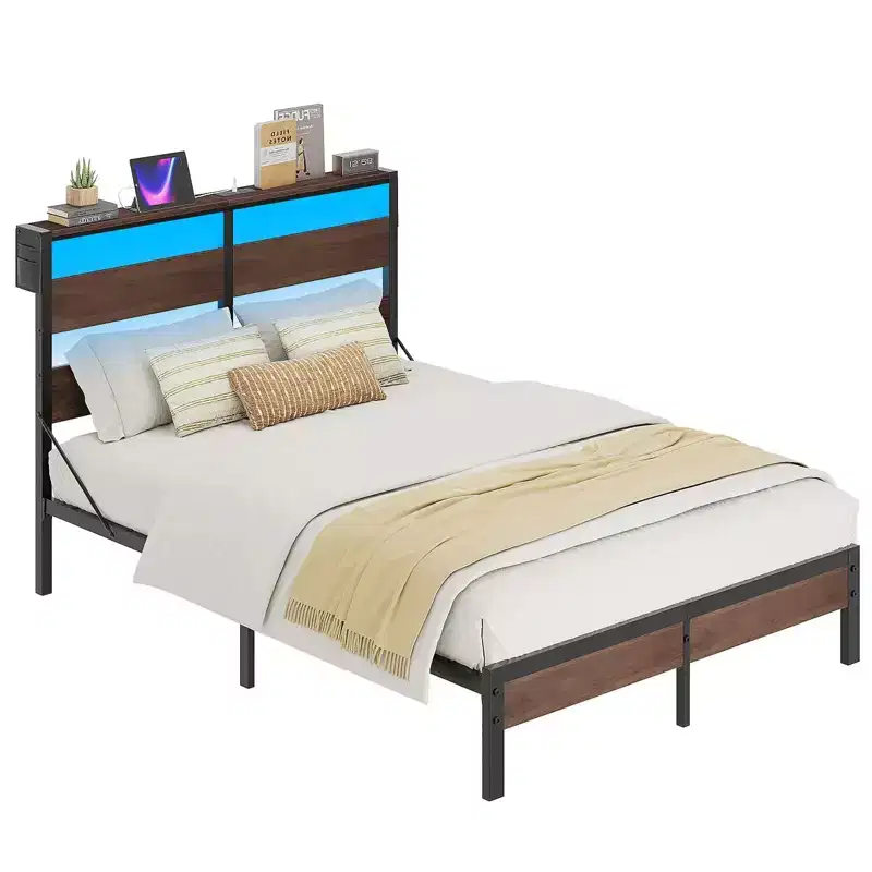 Twin Bed Frame with LED Lights & Charging Station - High Headboard, Under-Bed Storage, Noise-Free