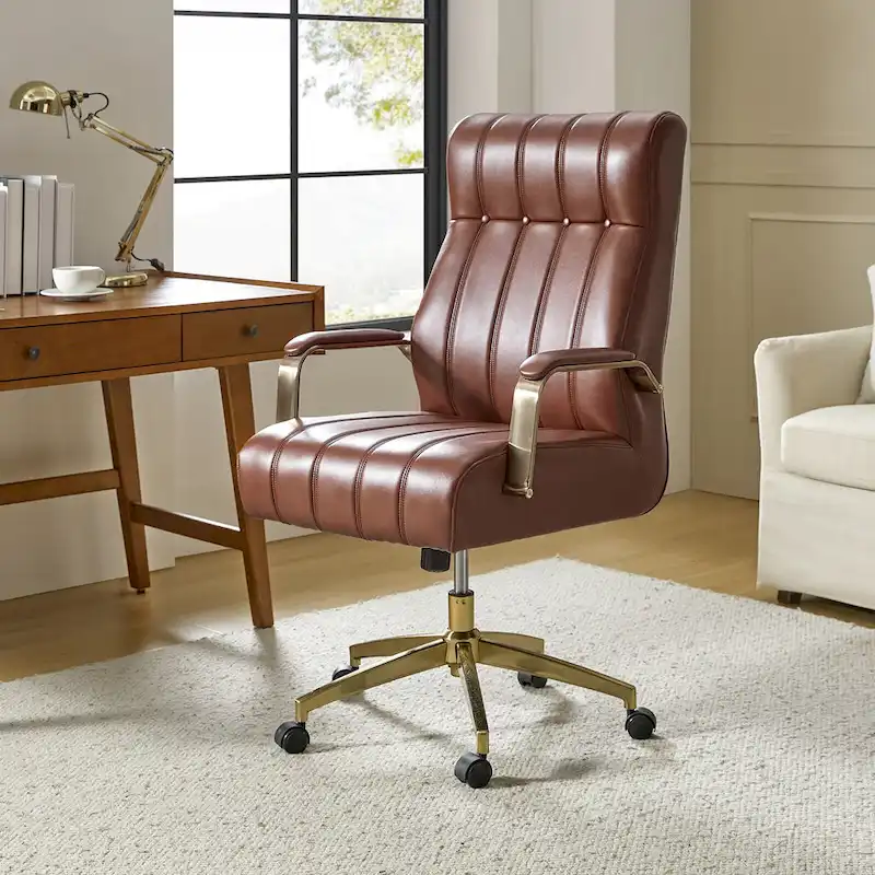 Mid-Century Modern Vegan Leather Swivel Tilting Office Chair with Channel Tufted and Metal Feet