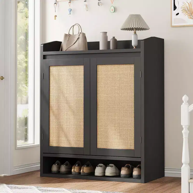 5-Tier Rattan Shoe Cabinet Storage Organizer with 2 Doors Adjustable Wooden Entryway Hallway Closet Living Room Natural