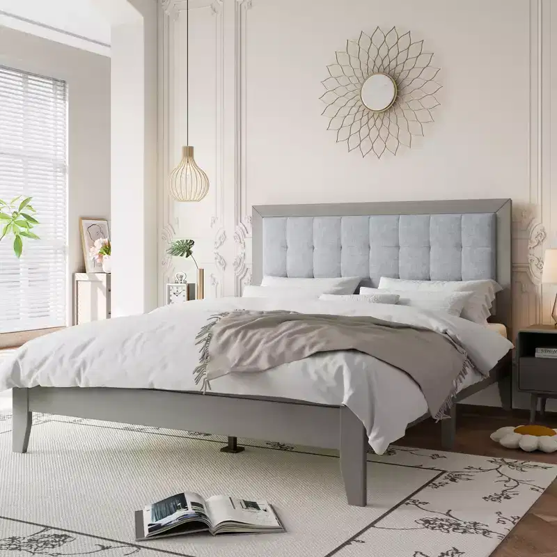 King/California King/Queen Size Platform Bed with Upholstered Headboard and Solid Wood Frame, Gray-Christopher Knight Home