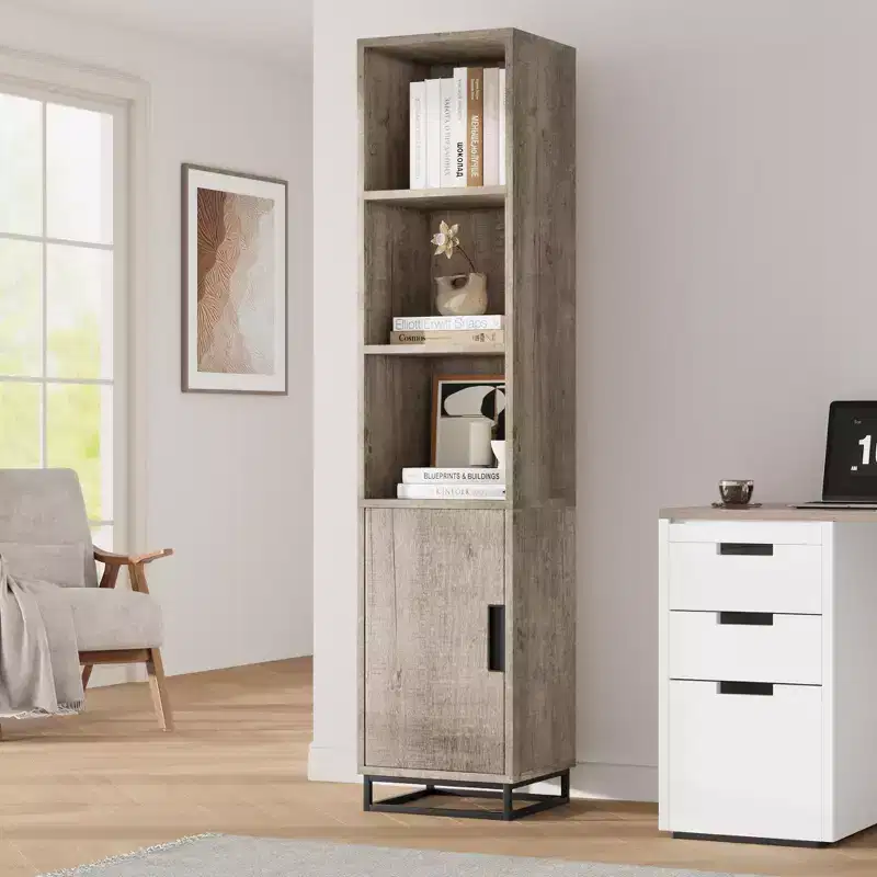 70-inch high storage cabinet with metal frame base and adjustable shelves, open freestanding storage cabinet for bathroom, living room