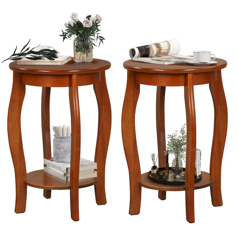 Walnut 2-Tier Round End Table Set of 2, Wood Top, Narrow Side Table