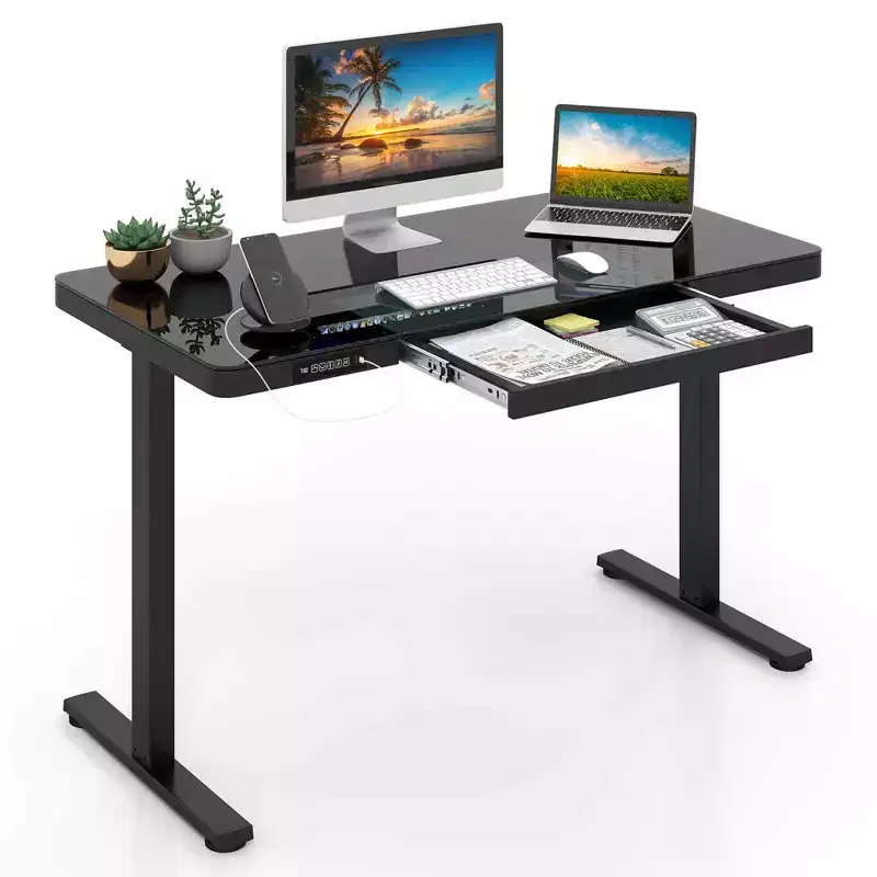 Costway 48 x 24 Whole-Piece Glass Standing Desk w/Drawers Writable Tempered Glass Top Black/White