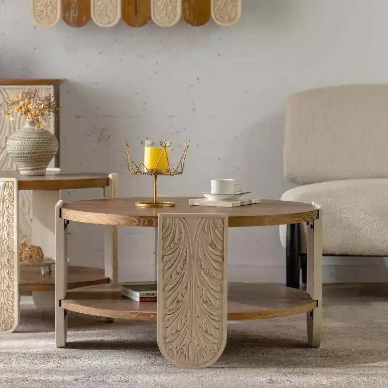 GDFStudio Retro Double-Layer Carved Wooden 32 Coffee Table