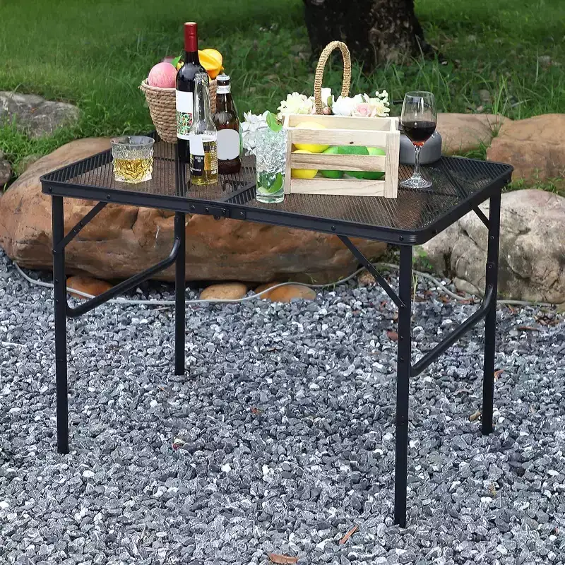 3x2FT Folding Grill Table with Mesh Top, Adjustable Height Portable Metal Camping Table for BBQ, Picnic, Outdoor Cooking, Black