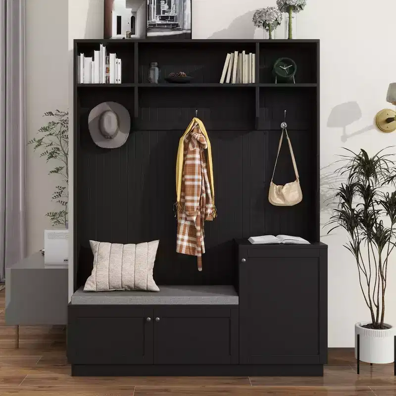 CLIHOME Elegant Design Hall Tree Coat Rack with Hooks , Functional Hallway Shoe Cabinet with Bench Cushion