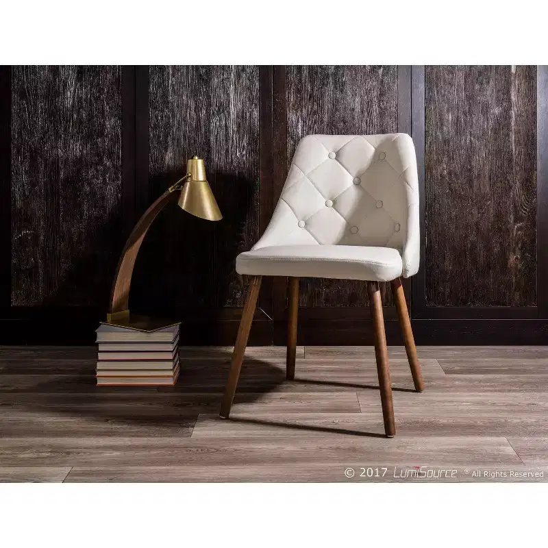 Mid Century Modern Dining Chair Cream - Upholstered, Walnut Finish, Faux Leather