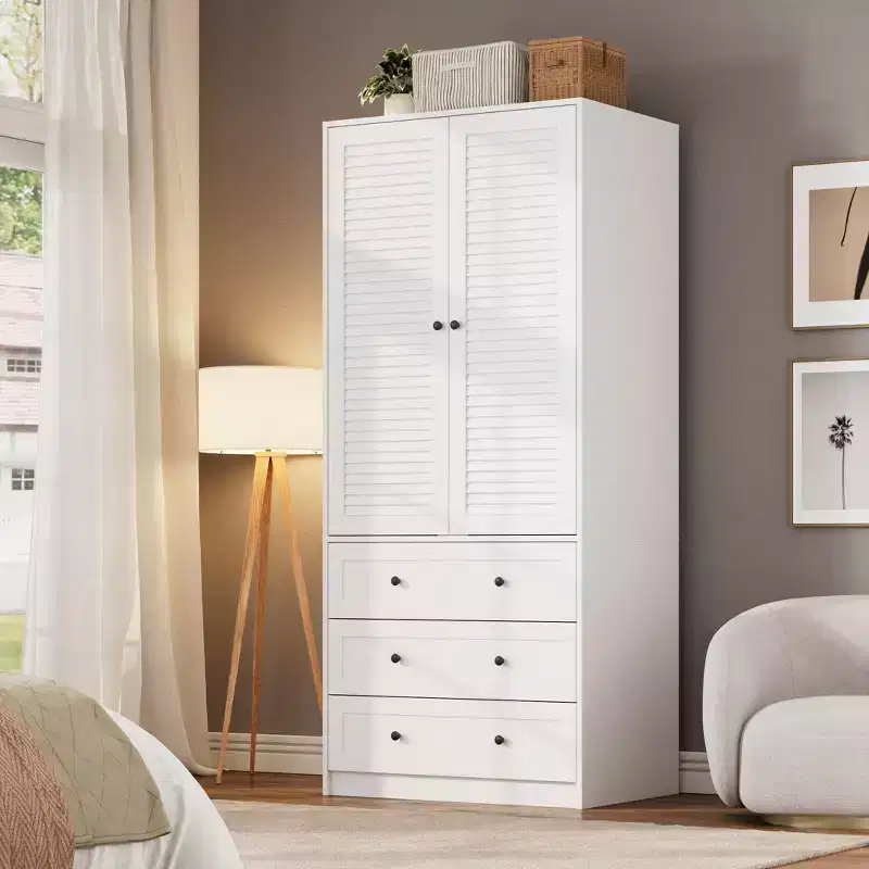 Modern Wooden Armoire Wardrobe Closet with 2 Doors and 3 Drawers, Tall Bedroom Cabinet with Hanging Rod, Freestanding Clothes Storage Unit