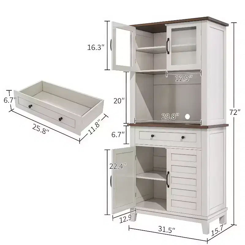 GustoWave 72 Tall Kitchen Bar Cabinet Hutch Featuring 4 Glass Doors & 1 Drawer, Modern Wood Pantry Coffee Cabinet with Ample Storage, White