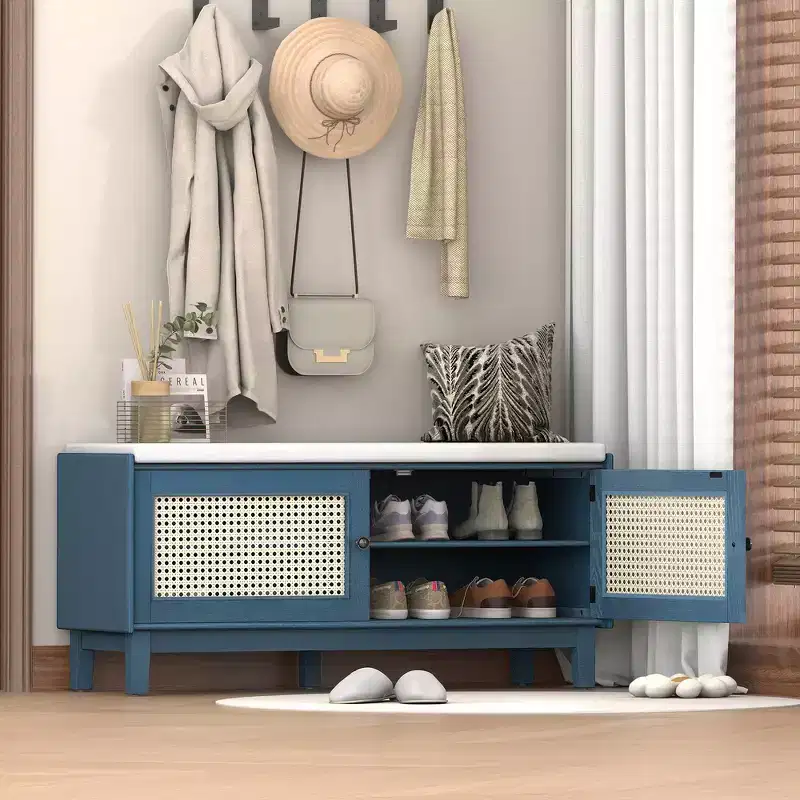 Whisen Boho Entryway Storage Bench, Wooden Shoe Bench, Cushioned Bench with Double Doors