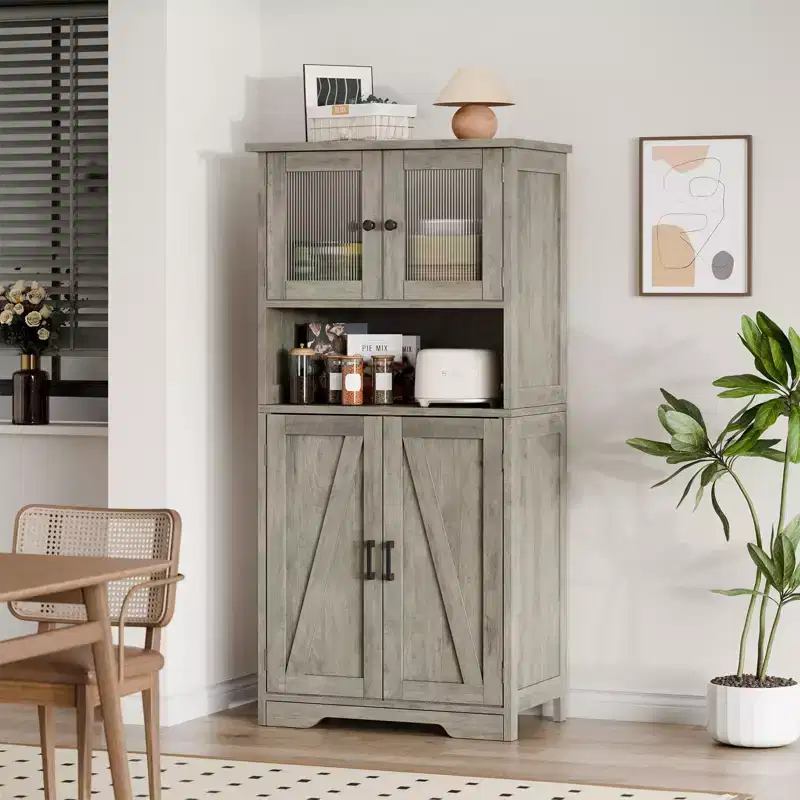 50 Tall Kitchen Cabinet with Glass Doors and Adjustable Shelves for Kitchen, Pantry, Living Room, White