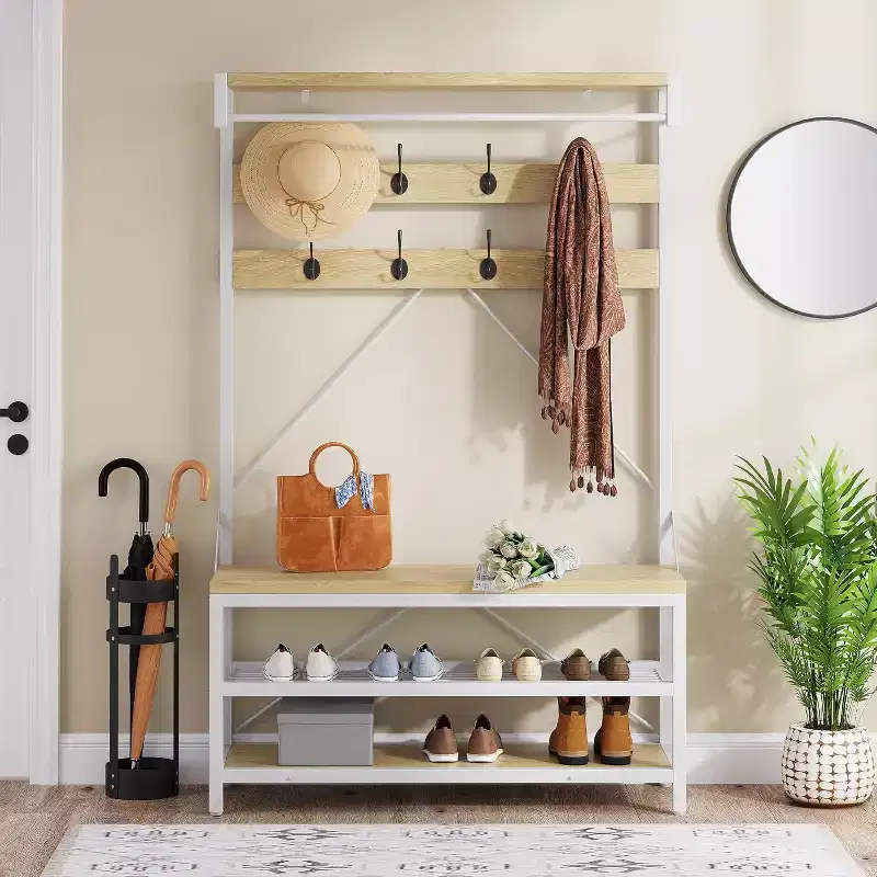 Industrial Hall Tree Shoe Bench, 72 Coat Rack with Storage Shelf, Hanging Bar & 8 Hooks for Entryway