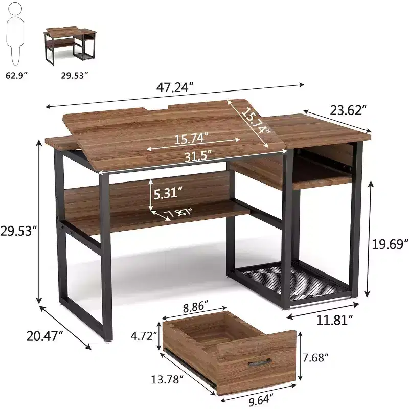 Lantine Premium Drafting Table with Storage Drawers, Drawing Artist Craft Table with Shelves and Tiltable Tabletop for Home Office