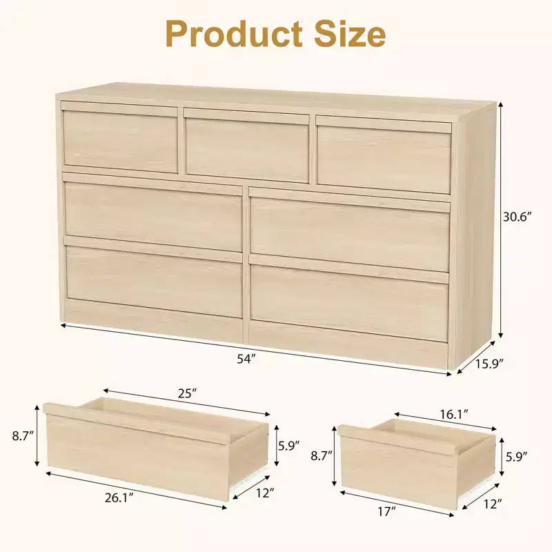 7 Drawer Dresser for Bedroom - 54 Wide Natural Oak Chest of Drawers with Large Storage, Wooden Organizer for Living Room, Nursery, Entryway